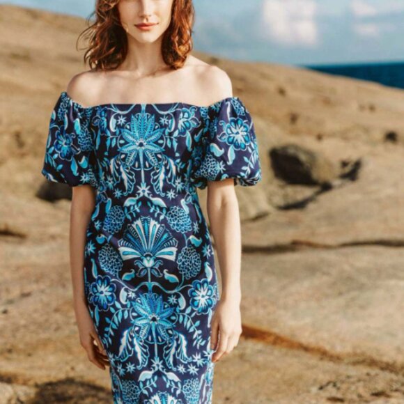 Cara Cara Karene Dress in Navy Sky Bellagio Puff Sleeve Sheath Midi Dress Sz 6 - Picture 1 of 8